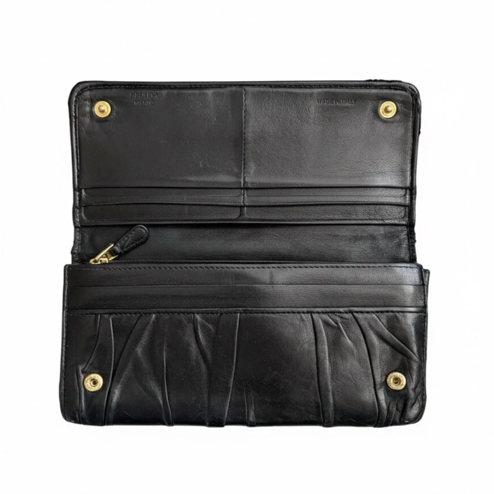 Prada Nappa Gaufre Soft Ruched Black Leather Wallet